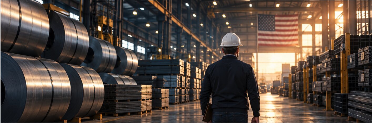 Steel coils and an American flag inside a metals warehouse.